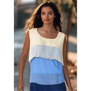 Entro Plisse Dress SleevelessTiered Round Neck Popover Blue Size Small EUC